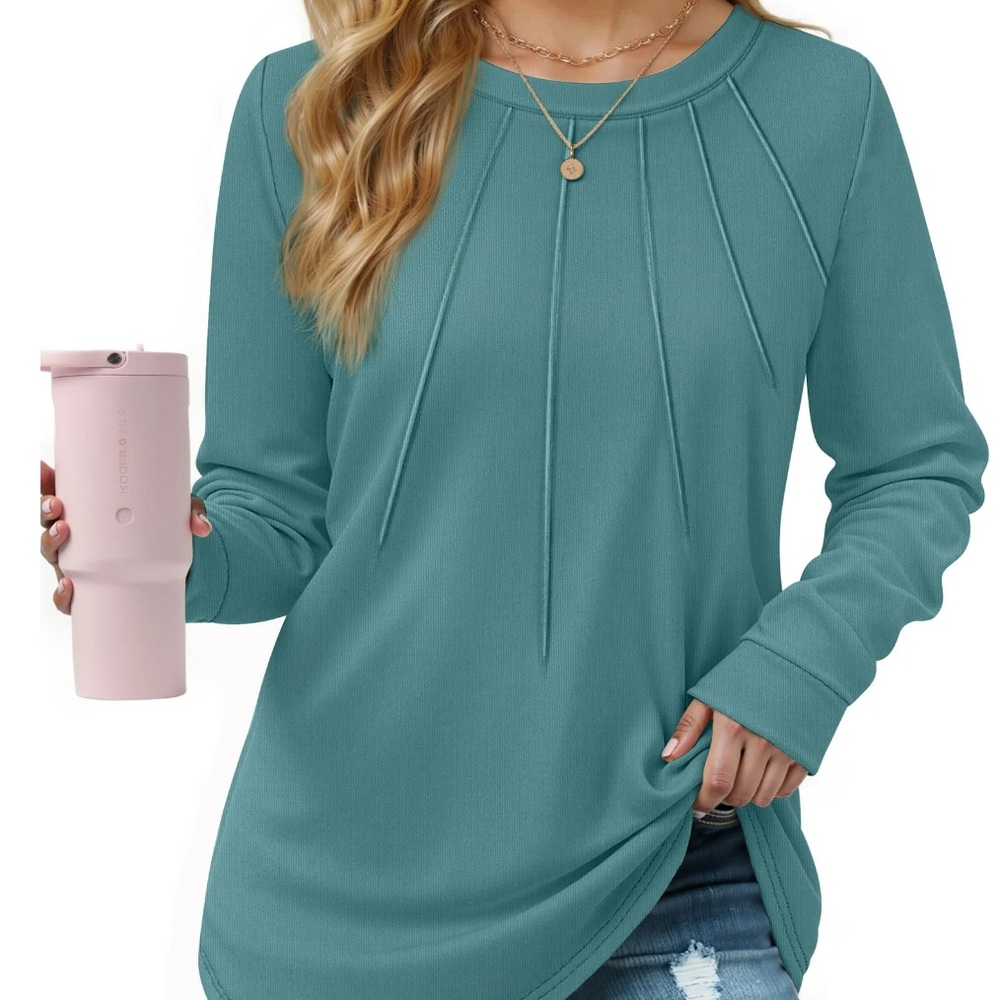 Rosvigor Pleated Tunic Top Teal Long Sleeve Crewneck 2XL